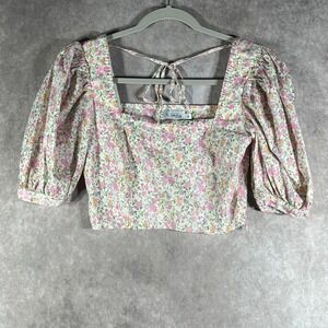 Kae Sutherland NAKD Top Womens 32 White Micro Floral Cropped Square Neck Boho